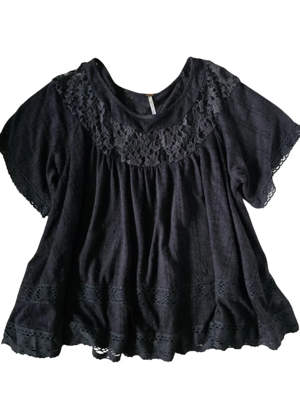 Free People Black Lace Crochet Boho Babydoll Top Small Flowy Peasant Blouse - Picture 2 of 5